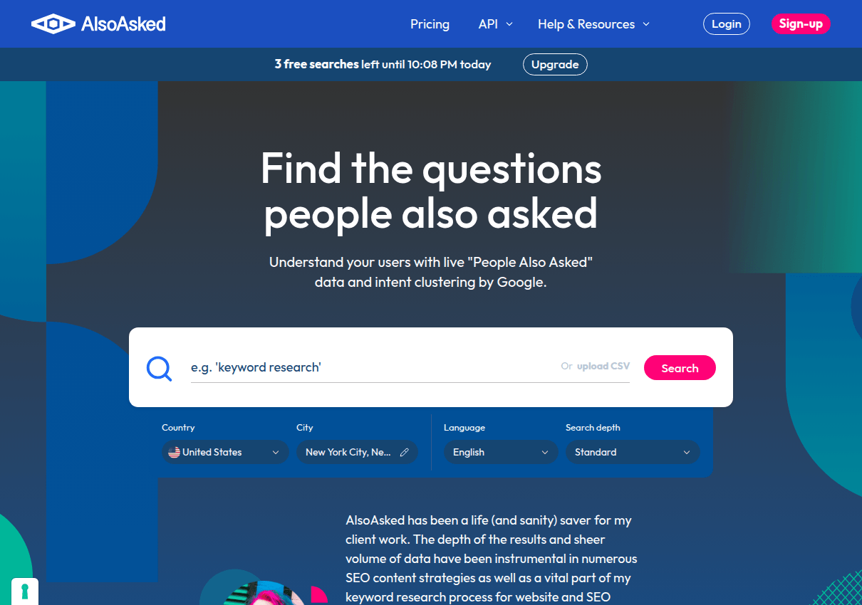 The AlsoAsked homepage with its People Also Ask research search box
