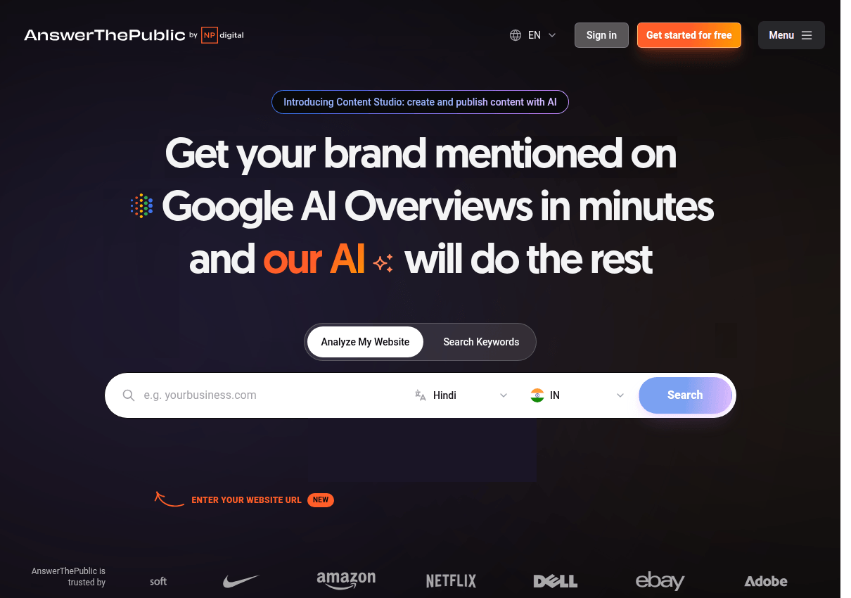 The AnswerThePublic homepage with its search listening tool