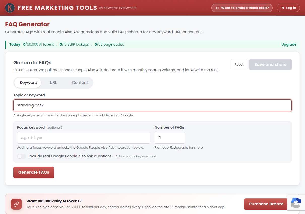 The FAQ Generator with a keyword entered, ready to produce real People Also Ask questions with FAQ schema
