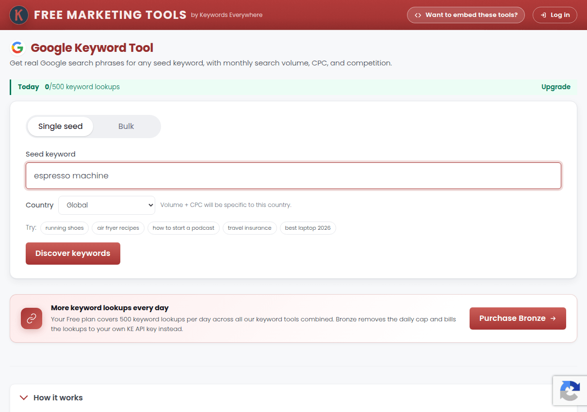 The Google Keyword Tool with a seed keyword entered, ready to return phrases with volume, CPC and competition