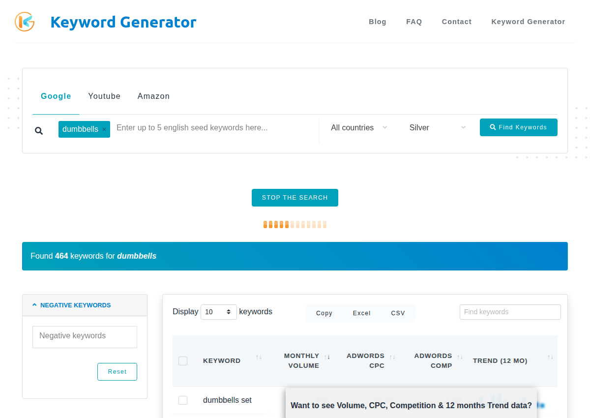 The Keyword Generator on this site finding 464 keywords for the seed dumbbells with a Silver search