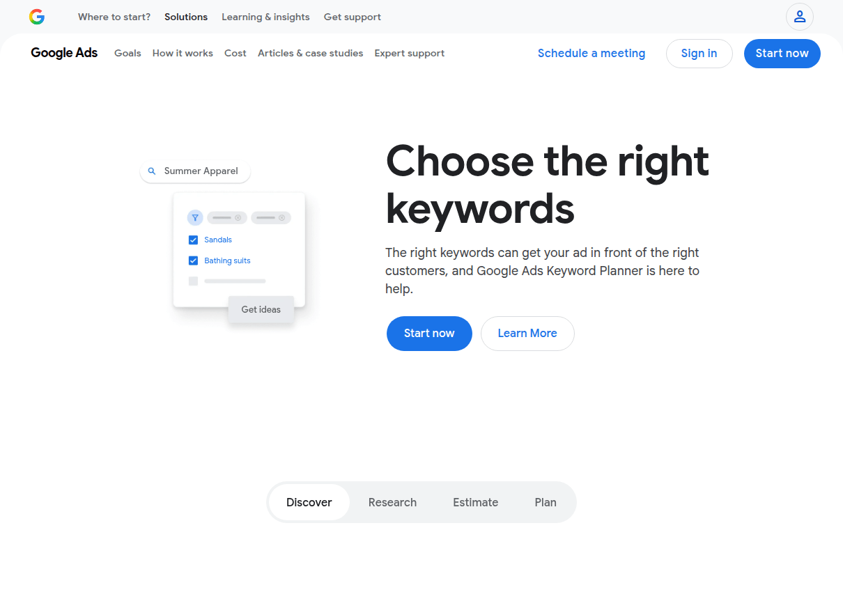 The Google Ads Keyword Planner page: choose the right keywords