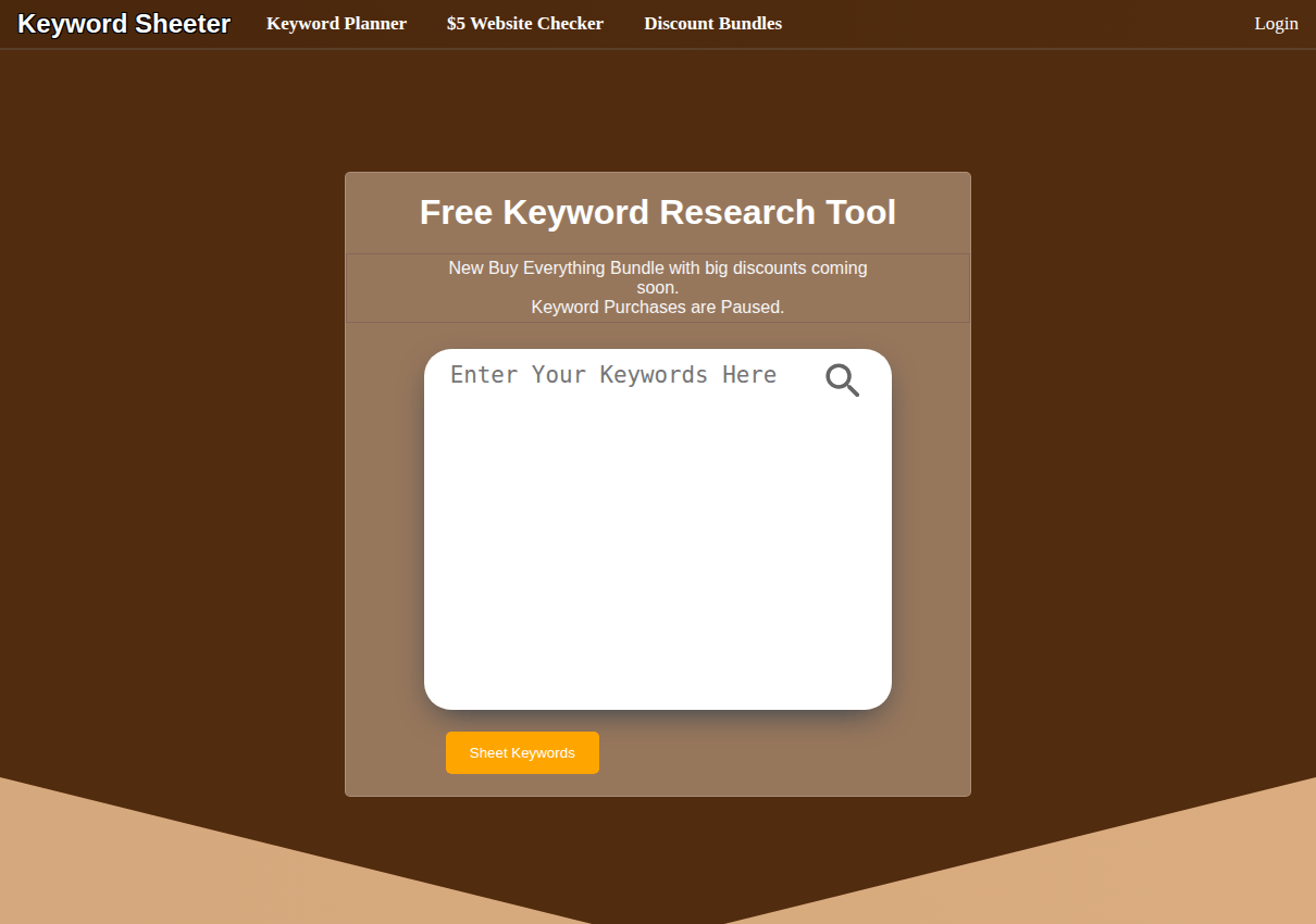 The Keyword Sheeter homepage with its bulk autocomplete sheeting tool
