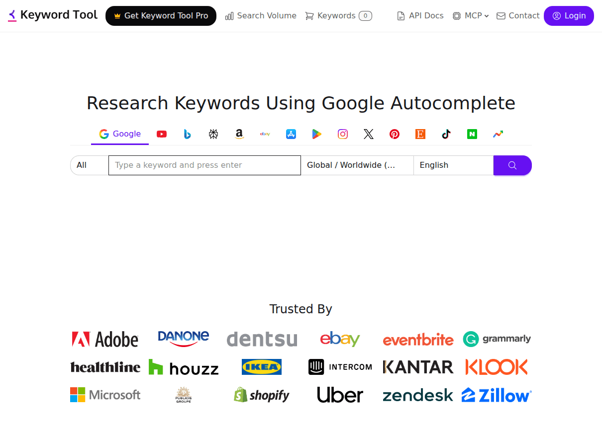 The KeywordTool.io homepage with its platform keyword generator tabs