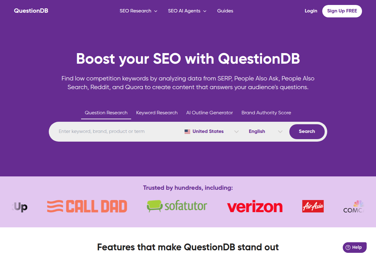 The QuestionDB homepage with its question keyword search