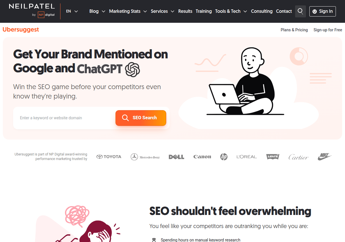 The Ubersuggest page with its keyword and domain research tool
